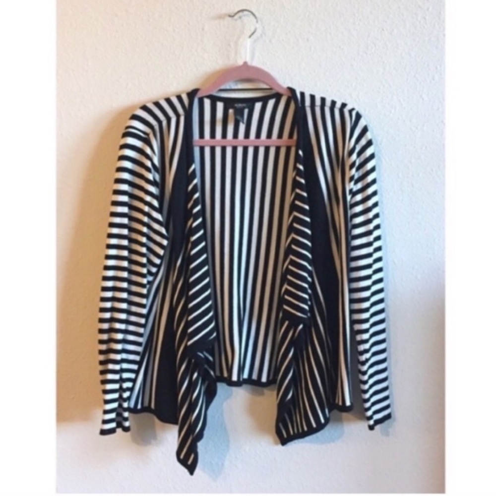 Black and White Striped Open Front Sweater